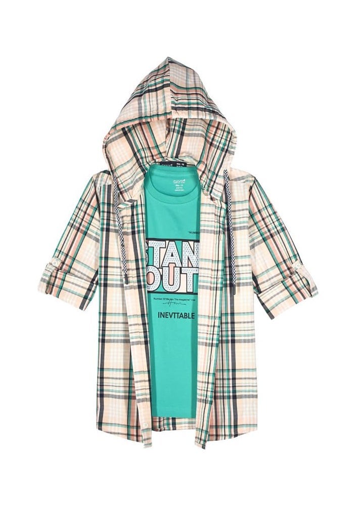 CAVIO Boys Cotton Checks Full Sleeve Hooded Shirt and T-Shirt - Image 2